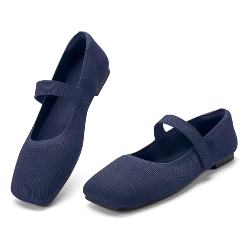 Image of Soesyi Wide Toe Box Flats Women Comfort Slip On Ballet Shoes Mary Jane Dressy Knit Flats with Adjustable Straps Washable Casual Office