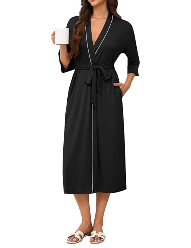 Ekouaer Robes for Women Long Knit Bathrobe Lightweight 3/4 Sleeves Kimono Robe Soft Sleepwear with Pockets S-XXL