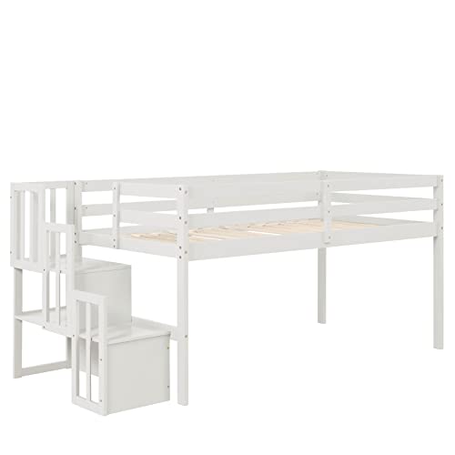 Bellemave Low Loft Bed With Stairs Twin Loft Bed With Storage Wood Bed Frame For Kids Teens Girls Boys, White #TOP3