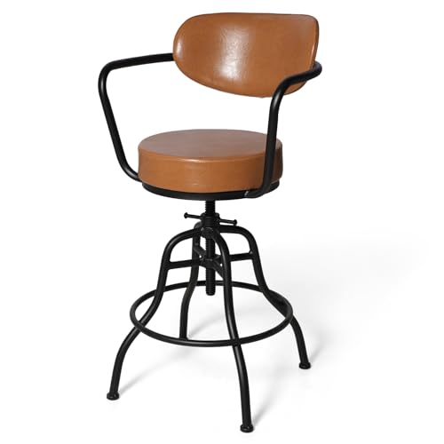 Butaco industrial moderno con respaldo, reposabrazos y reposapiés: asiento giratorio flexible y altura ajustable de 21,7" a 25,6" - cojín suave y cuero liso - elegante color marrón con estructura metálica