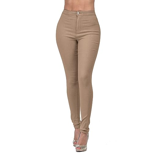Image of Jeggings for Women UK High Waist Tummy Control Denim Jeans, Ladies Pull-On Skinny Pencil Pants Distressed Stretch Trousers Slim Fit Butt Lifting Loungewear Khaki L