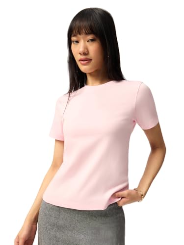 Image of The Souled Store Casual Classics: Women and Girls Short Sleeves Spread Collar Solid Cotton Regular Fit Breathable Lightweight Trendy Everyday T-Shirt