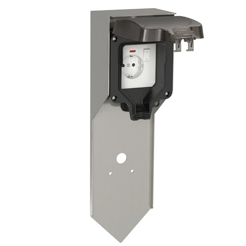 ledscom.de Garten Steckdosensäule POXO mit Erdspieß für außen IP65 1-fach Edelstahl edelstahl/schwarz eckig 40 cm