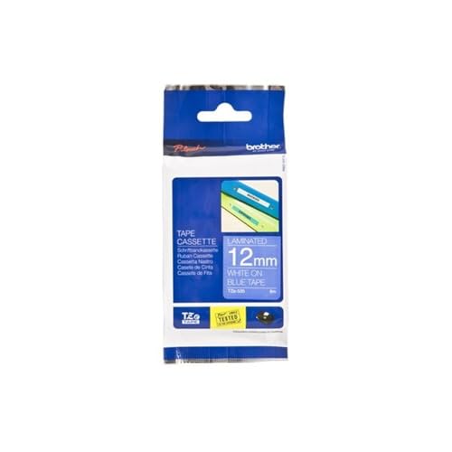 Brother TZe-535 Labelling Tape Cassette, 12 mm (W) x 8 m (L), Laminated, Brother Genuine Supplies - White on Blue