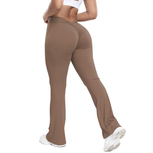 Feunu Mini Flare Leggings Womens High Waisted Bootcut Yoga Pants Tummy Control Workout Leggings Bell Bottom Wide Leg Legging Brown