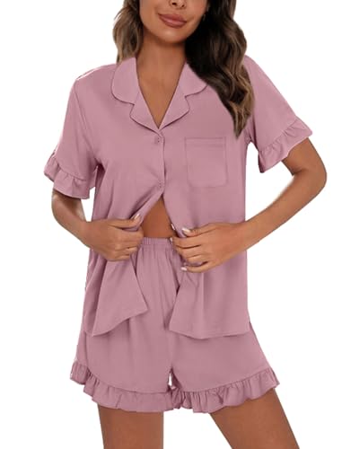 Image of SWOMOG Woman Pajama Set Short Sleeve Pjs Set 2Pcs Short Pajamas Button Down Ruffle Hem Sleepwear Soft Modal Loungewear