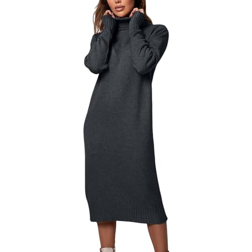 Women's Turtleneck Sweater Long Sleeve Pullover Bodycon Midi Sweater Dresses Fall Fashion Winter Casual Solid Tops S-XL Dark Gray