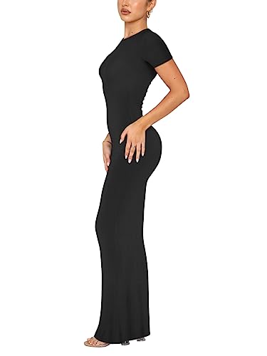 REORIA Women's Basic Summer Casual Lounge Long Dress Elegant Short Sleeve Crew Neck Bodycon Maxi Dresses2