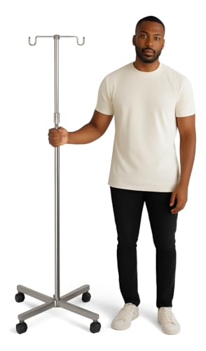 Suporte de Soro com Regulagem de Altura e Rodízios, Prata Inox, Móvel com Rodas, Base em Cruz