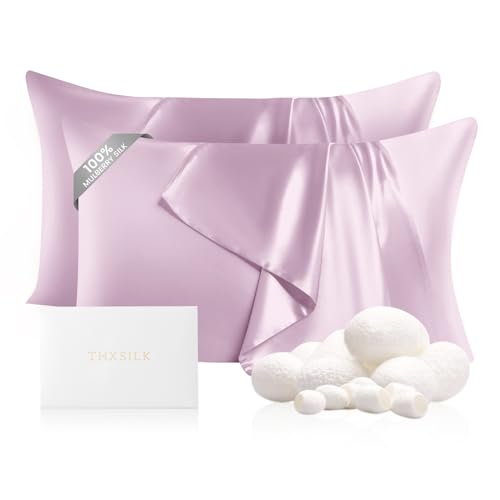 Image of THXSILK Set of 2 100% Mulberry Silk Pillowcase for Hair and Skin Health, 22 Momme Soft and Smooth Pillowcases with Hidden Zipper, Both Sides Premium Grade 6A+ Silk, Standard 20 inchx26 inch, Light Purple