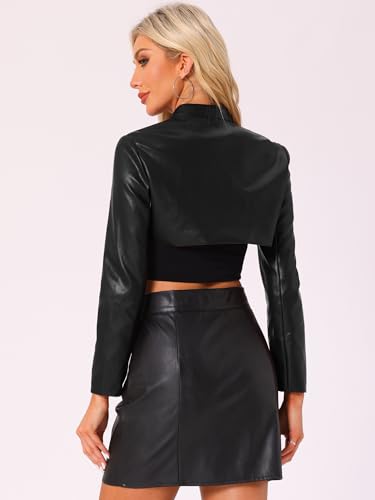 Allegra K Women's Faux Leather Cropped Top Stand Collar Zipper Front Moto Biker Long Sleeve Jacket Coat4