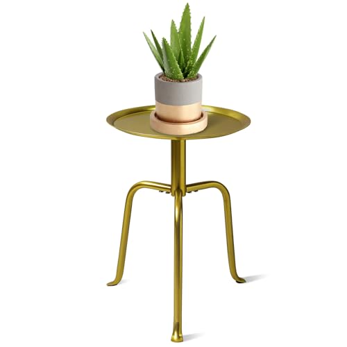 Uniqcovosa Plant Stand Indoor Outdoor 11 Round Gold Corner Single Plant Table 3-Leg Small Metal Plant Holders Flower Pot Stand Modern Corner Round Small Side End Table with Raised Design