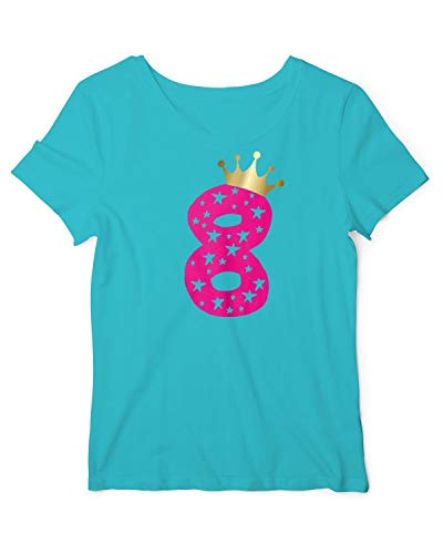 Geburtstagsshirt Mädchen acht Jahre | T-Shirt mit Aufdruck Zahl 8 und Goldene Krone | lustige Geschenk-Idee zum Kinder-Geburtstag Atoll-Pink 140 Cover