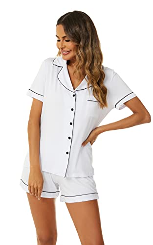 Image of Aamikast Button Up Pajama Set for Women Shorts Short Sleeve Knit Sleepwear 2 Pice Pjs Sets