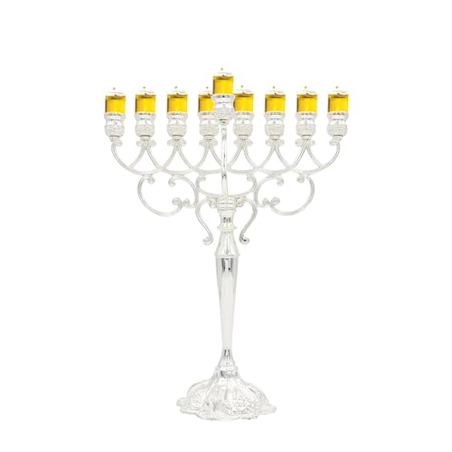 Majestic Giftware Silver-Plated Chanukah Oil Menorah - Classic Design (MN-HA140) | Fits Standard Chanukah Oil Cups and Large Candles | Durable & Long-Lasting Quality | Hanukkah Menorah - 13.5” High