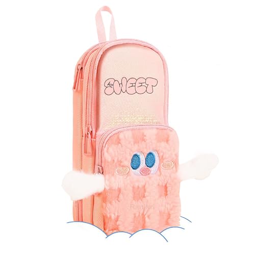 Image of Three Layer Premium Canvas Pencil Pouch with Small Hand for School Girls and Boys, Cute Aesthetic Stationery Items Kit Case, Large Capacity Stationary Pencil Box for Kids Gifts (Sweet Pink)