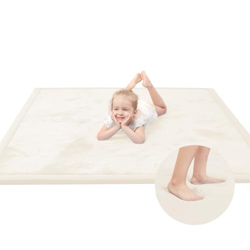 Image of Huloo Sleep Ultra Soft Baby Play Mat for Floor, 1.3 inch Thick Elasti-Foam 65x50 Play Mat for Playpen,Water-Repellent Coral Velvet for Tummy Time, Non-Slip Backing,Safe for Toddlers & Infants（Cream）