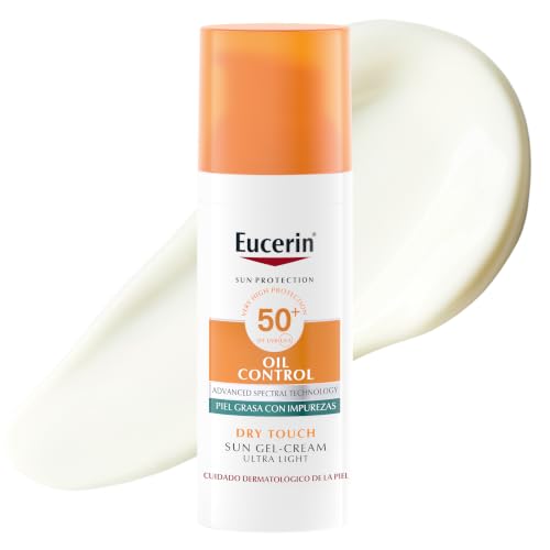 Eucerin Sun Gel Crema Oil Control Dry Touch FPS 50+ (50 ml), protección solar facial 50+ con filtros UVA/UVB, crema solar para piel grasa y propensa al acné, crema de sol con textura ultraligera