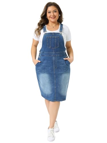 Image of Agnes Orinda Plus Size Denim Overall Dress for Women Vintage Adjustable Strap Pinafore Bib Jean Dresses with Side Pockets