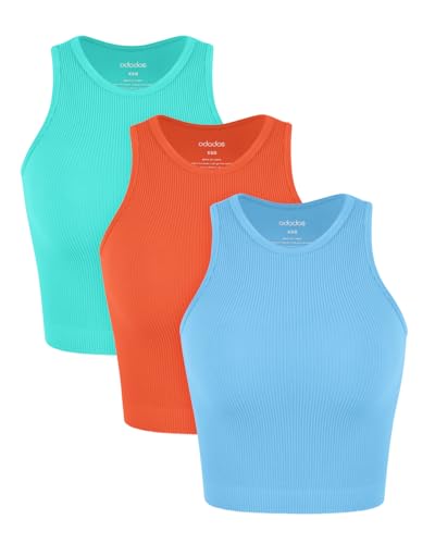 Image of ODODOS 3-Pack Seamless Crop Tank for Women Ribbed Soft High Neck Cropped Tops