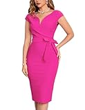 MUXXN Women's Cap Sleeve V Neck Belted Formal Office Work Mid Length Pencil Dress Hot Pink L