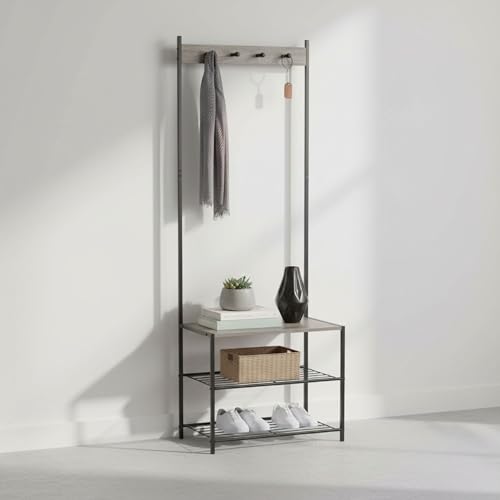 Inde Moblekit Estantería Perchero De Metal Y Madera Con 3 Estantes Y Ganchos, 60 40 175 Cm, Estantería Almacenaje Para Entrada O Dormitorio, Mueble Armario Compacto Con Acabado Mate