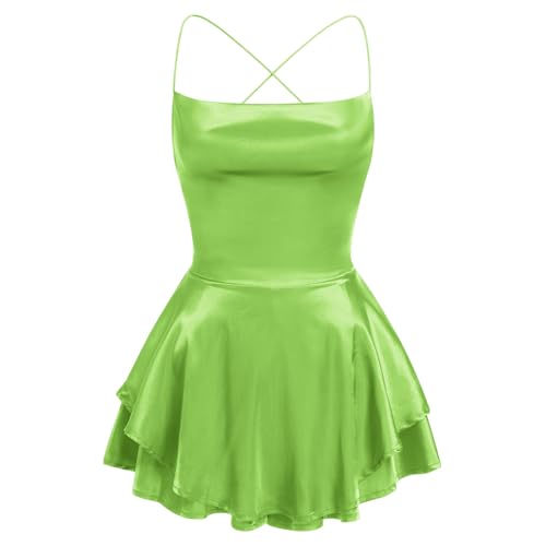 Image of AGYMNX Women Sexy Spaghetti Strap Satin Dress Sleeveless Low Cut Backless Short Romper Dress Party Jumpsuit Mini Sundress