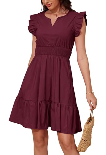 Image of Jayscreate Women's Ruffle Sleeve Layered Dress Pockets Elastic Waist 2025 V Neck Above Knee Summer Casual Cute Dress