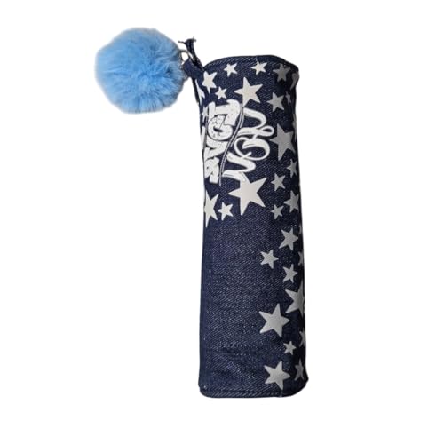 Estojo Jeans Love You Estrelas Pompom Azul Escolar Fofo Leve