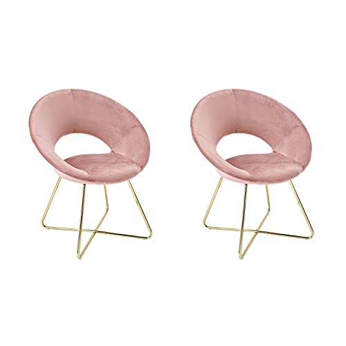 CangLong Modern Velvet Accent Upholstered Make-up Stool Home Office Guest Reception Dining Leisure Lounge Chairs with Golden Legs Set of 2, Pink 3