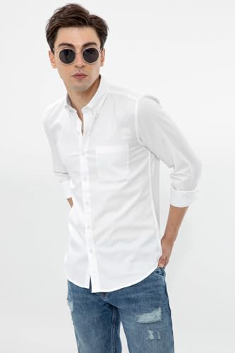 Image of SNITCH Men Casual Shirt | Slim Fit Full Sleeve Button-Down Collar Solid Design | Premium Cotton Fabric & Breathable Material for College & Casual Wear ||Rich Eggshell White