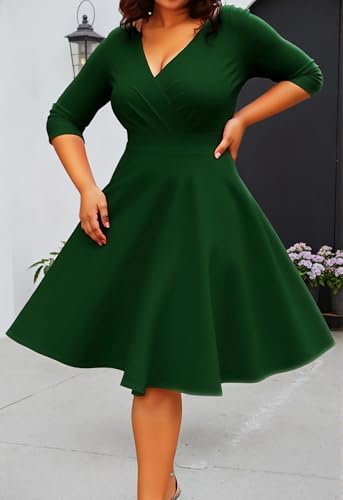 Image of Womens Plus Size Dresses Faux Wrap Summer Dress 3 /4 Sleeves V Neck 1950s Retro Vintage Wedding Party Midi Dress