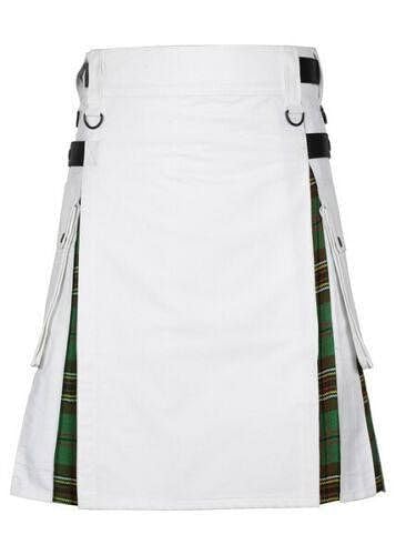 Kilts Boutique Tara Murphy White Cotton Hybrid Kilt, 24" Length, Tartan Under Pleats, Side Cargo Pockets, Adjustable Leather Straps (36 inches / 91 cm)