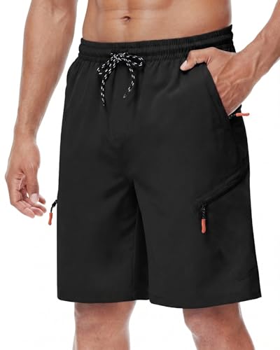 LAZYDAY Men's Hiking Cargo Shorts with Zipper Pockets Elastic Waist Quick Dry for Outdoor,Travel,Summer,Fishing Black
