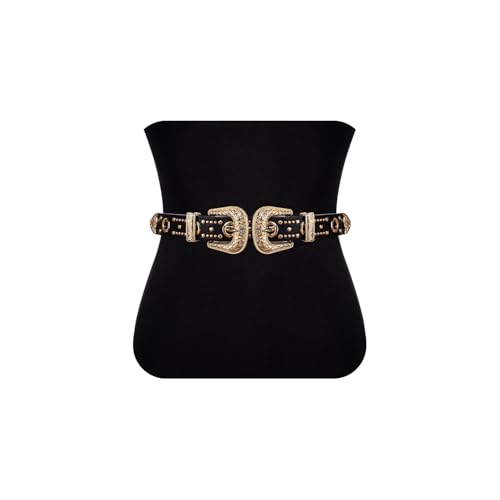 Image of Dubulle Womens Belt Chain Leather Belts Vintage Western Adjustable Elastic Double Buckle for Cowboy Pant Dress