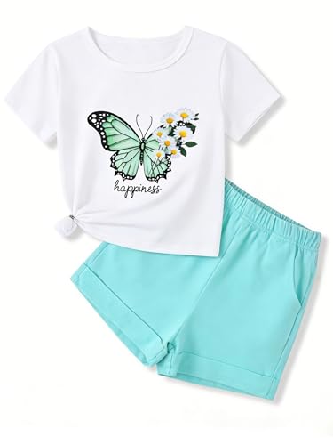 KIDLAGA Girl Clothes Summer Fashion Butterfly Printed Short-Sleeve T-Shirt and Shorts Clothing Girls 2 Piece Outfits Sets 9-10 Years