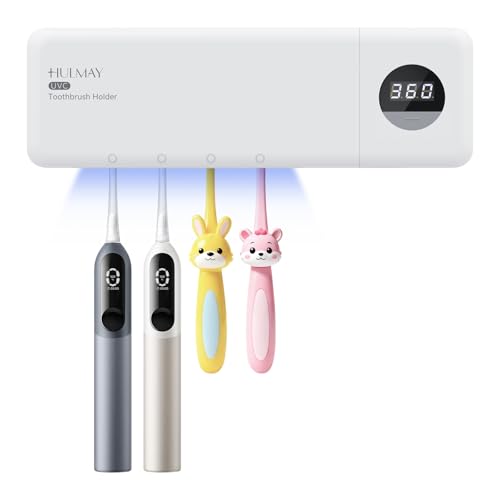 Image of UV Toothbrush Sanitizer with Holder, Electric Toothbrush Holder Wall Mounted with Cover for 4 Slots, 2000mAh Rechargeable with Timer, Cordless Bathroom Organizer - White