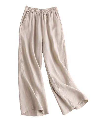 Women's Linen Cotton Pants -Point Wide-Leg Pants Summer Thin Fabric Mature and with Pockets