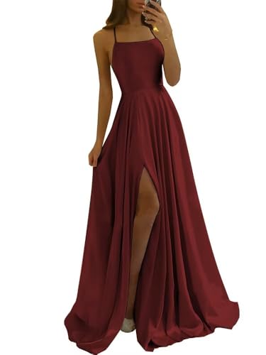 Image of Tvuyet Satin Prom Dresses Long with Pockets Spaghetti Straps A Line Bridesmaid Dresses with Side Slit Ball Gown