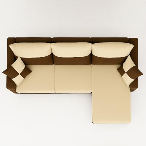 Image of Furny Arevva 4 Seater Fabric RHS L Shape Sofa Set (Cream-Dark Brown)