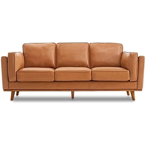 Valencia Artisan Full Leather Sofa 88” - Pure Full Italian Nappa Leather Couch, Solid Wood Accent, Ultimate Comfort, Cognac Tan