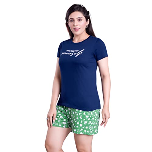 Image of Women's Cotton Printed Night Suit Top & Shorts Set (Navy & Maroon)