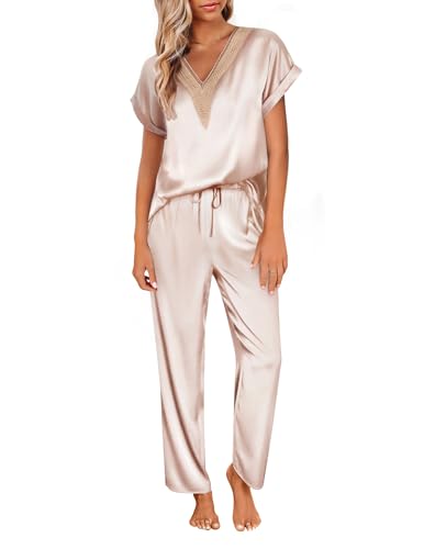 Image of Ekouaer Silk Pajamas Set Womens Lace V Neck Loungewear Short Sleeve Satin Shirt with Long Pant Silky Pjs
