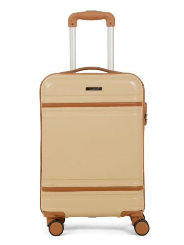 Image of Teakwood Cabin Size 8 Wheels Trolley Bag, Hard Cabin with Zipper Closure, Adjustable Push Button & Cross Side Strap, Number Lock System 360 Degree (Small, Beige)