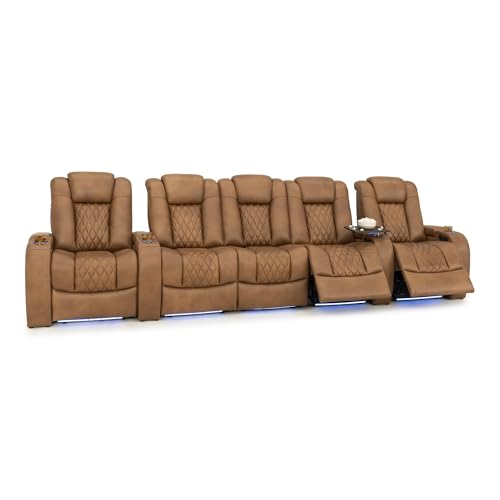 Image of Seatcraft Diamante Tawny Italian Leather Home Theater Seating, Zero Gravity Power Recliner Gaming and Home Office Chair, Powered Headrest Lounge Sofa Furniture for Cinema Room, Row of 5 Middle Sofa