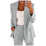 Women's Trouser Suits Wedding Guest 2 Piece Outfits Long Sleeve Button Lapel Blazer and Trousers with Pockets Elegant Lightweight Suit Ladies Formal Office Business Outfit for Autumn Winter Grey