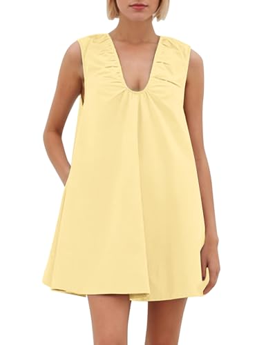 Image of Women Summer Sleeveless Babydoll Mini Dress Scoop Neck Loose Fit Tank Dresses Party Ruched Short Dress with Pockets