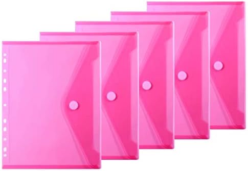 LaOficina 11 Holes Semi Poly Envelope Pocket Insert Pages for Binders, with Hook and Loop Closure Pink,A4 Letter Size,5 Packs
