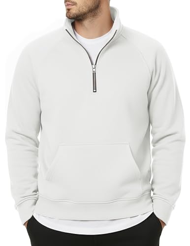 JMIERR Men's Fashion Sweatshirts Quarter-Zip Pullover Polo Hoodies Fleece Heavy Weight Sweatshirt with Pockets, 2XL, White