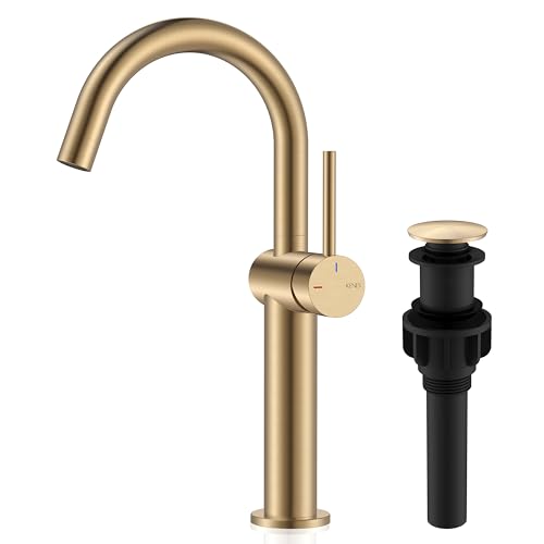 KENES Champagne Bronze Vessel Sink Faucet Single Handle Gold Tall Bathroom Faucet Single Hole Bathroom Vanity Faucet with Pop Up Drain and Supply Lines KE-9005C-CB